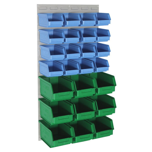 louvred panel wall with storage containers